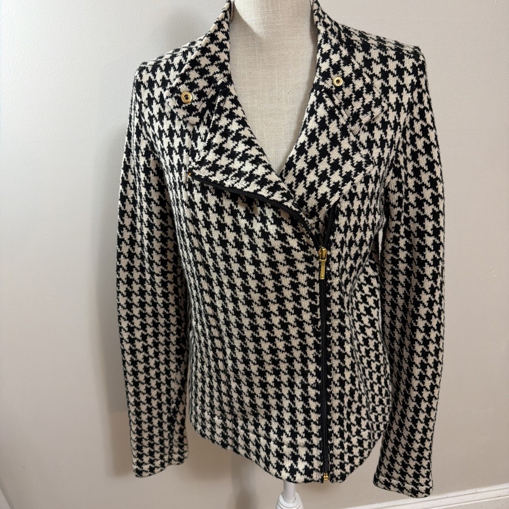 NWOT Ralph Lauren Houndstooth black white wool motorcycle zippered jacket M 6